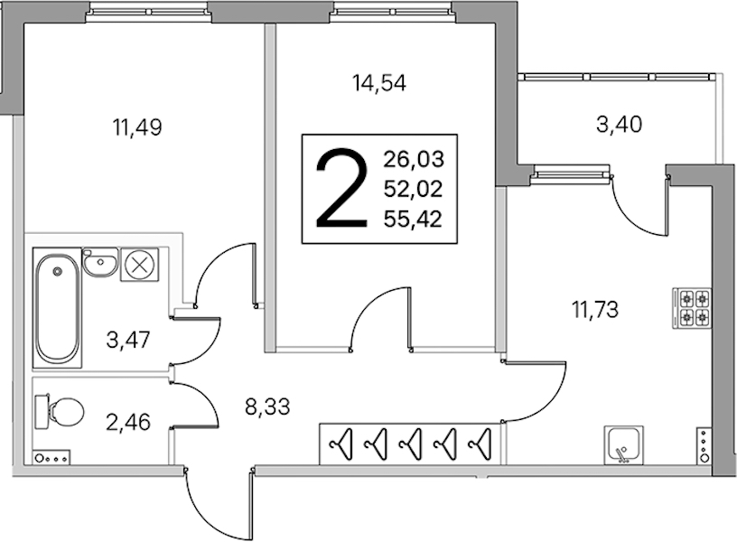 2-комнатная квартира 53.72 м², 1/4 эт., ЖК «Любоград в Стрельне»